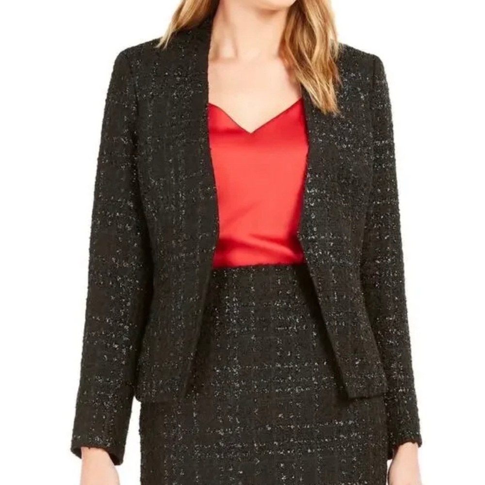 Size 6 Calvin Klein Black Shimmer Tweed Jacket & Pencil Skirt Suit Set